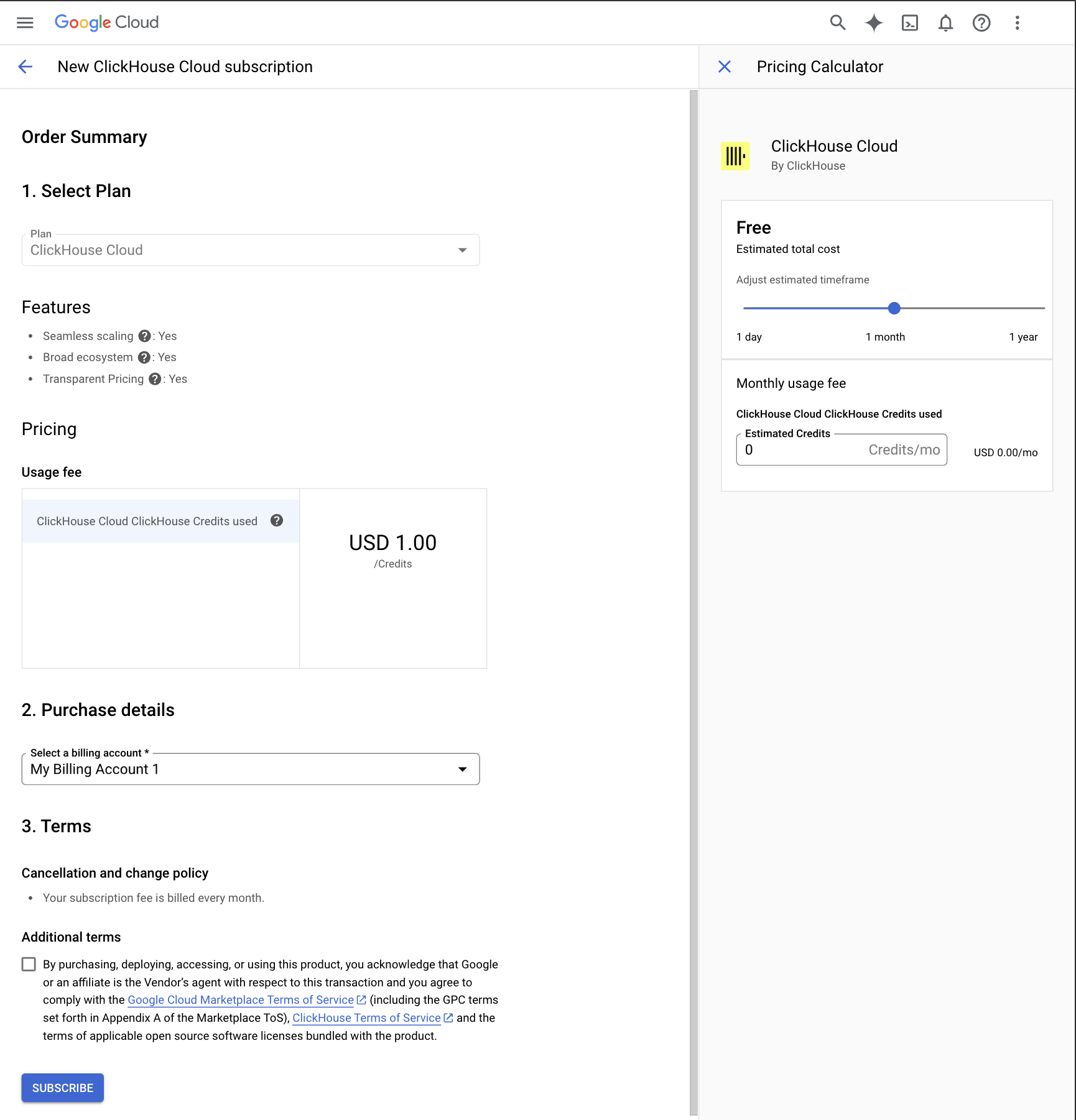 GCP Marketplace에서 구독 구성