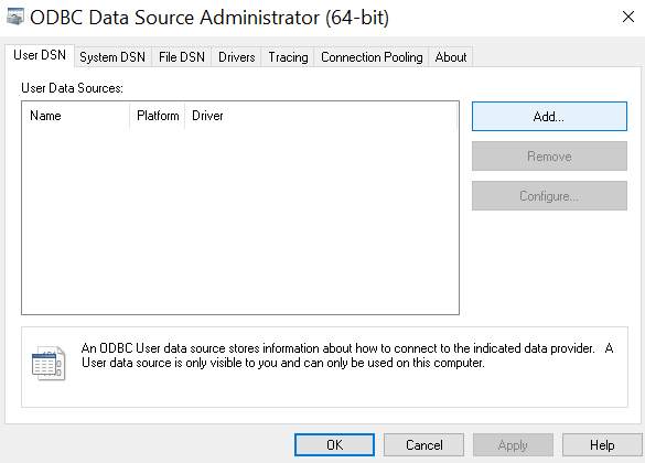 새 DSN 생성을 위해 Add 버튼이 강조된 ODBC Data Source Administrator